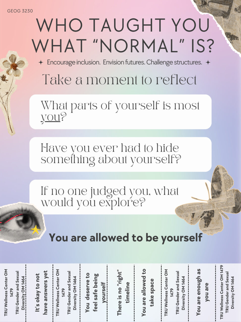 Poster that encourages self-reflection and gives opportunity to folks to take some tangible affirmations with them.