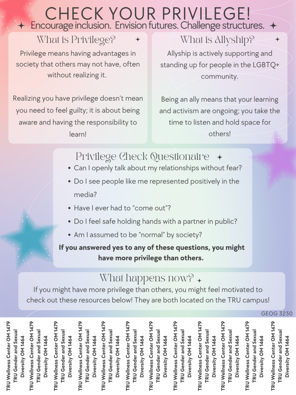 Using a muted rainbow background, this poster promotes checking your privilege and a questionnaire to help.