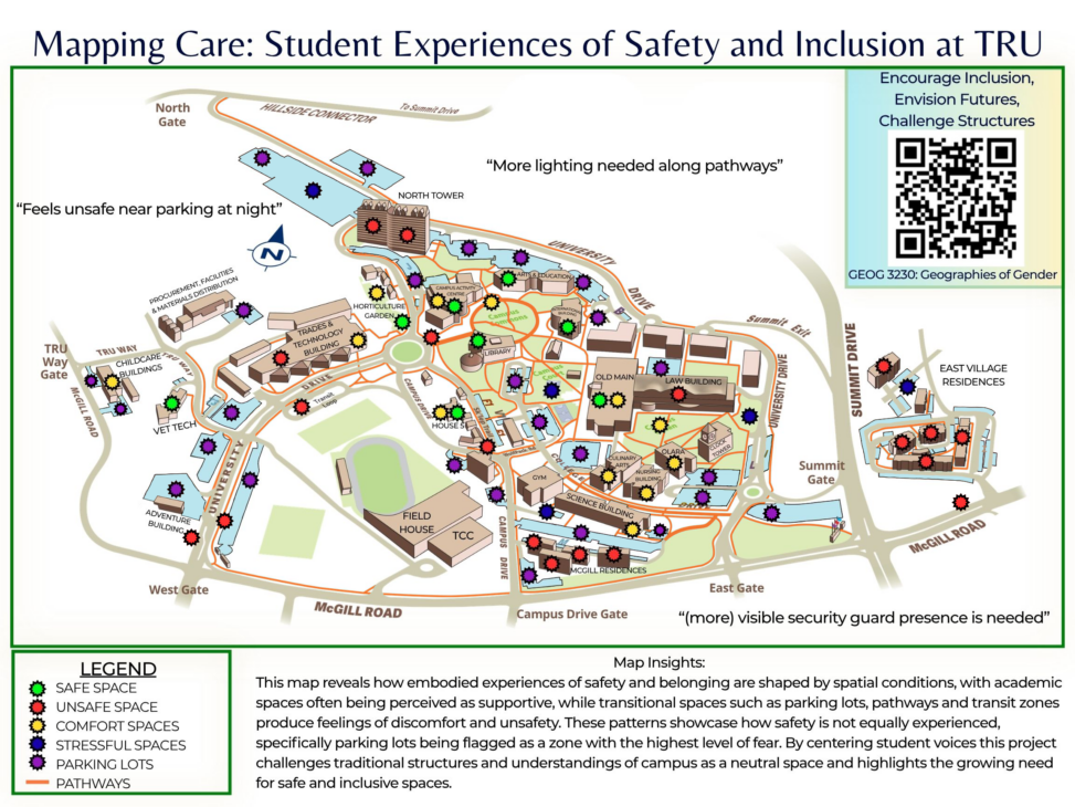 A campus map of Thompson Rivers University showing student-reported experiences of safety and inclusion. Colored markers indicate areas as safe, unsafe comfortable, and stressful, with clusters of safety in central academic spaces and higher reports of discomfort in parking lots, pathways, and transit areas. Quotes highlight student concerns about lighting, visibility, and security.