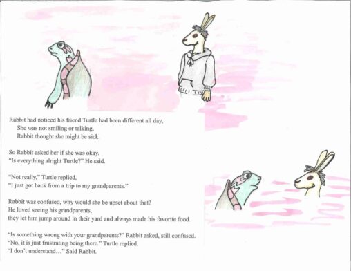 Depicts a Rabbit, dressed in a hoodie, and a turtle. The turtle looks upset, and away from the rabbit. It then shows the two facing each other to talk.