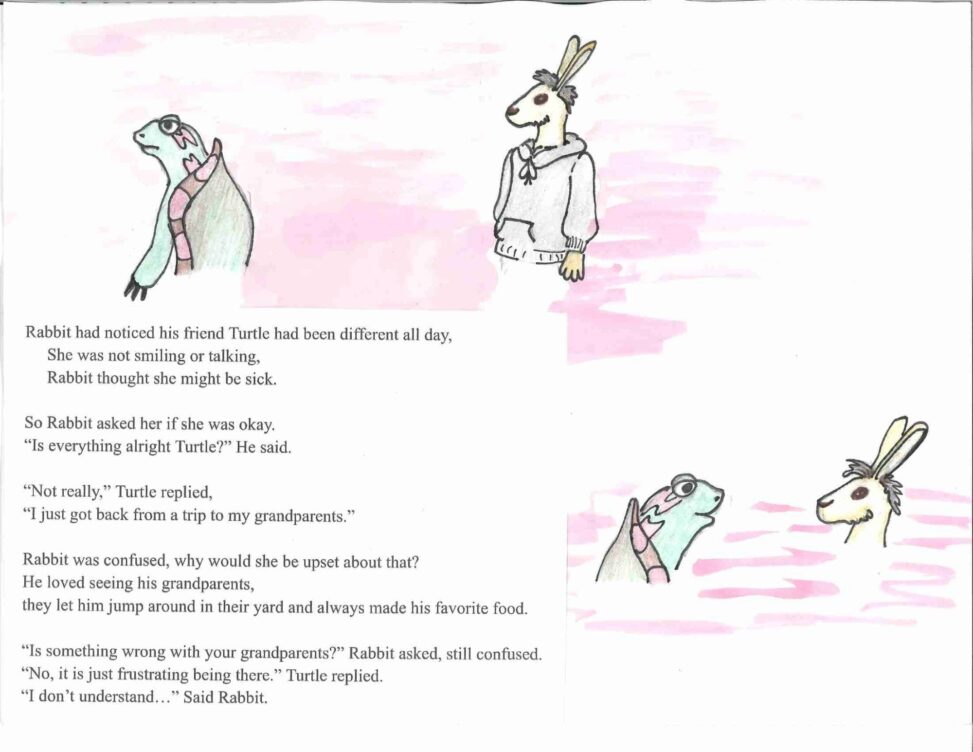 Depicts a Rabbit, dressed in a hoodie, and a turtle. The turtle looks upset, and away from the rabbit. It then shows the two facing each other to talk.