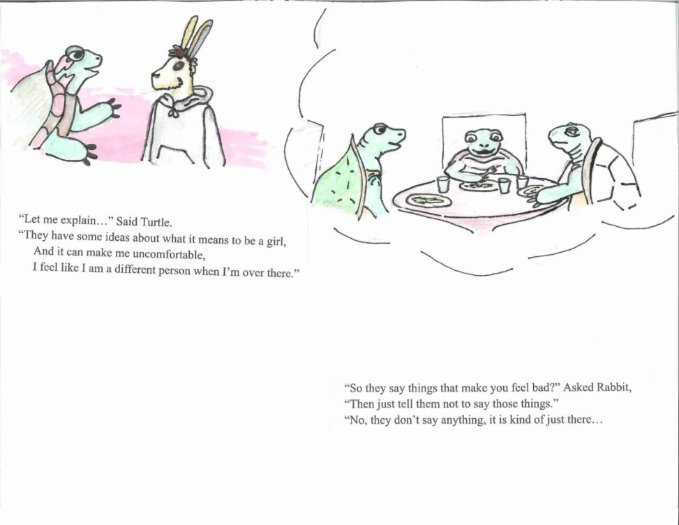 The turtle and rabbit continue talking. A thought cloud shows the turtle eating dinner with her grandparents.