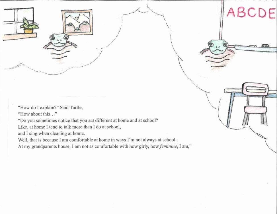 Thought clouds show the turtle in a home and school enviorment.