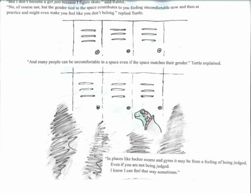 Shows the turtle in a locker room, surrounded by shadowy figures.