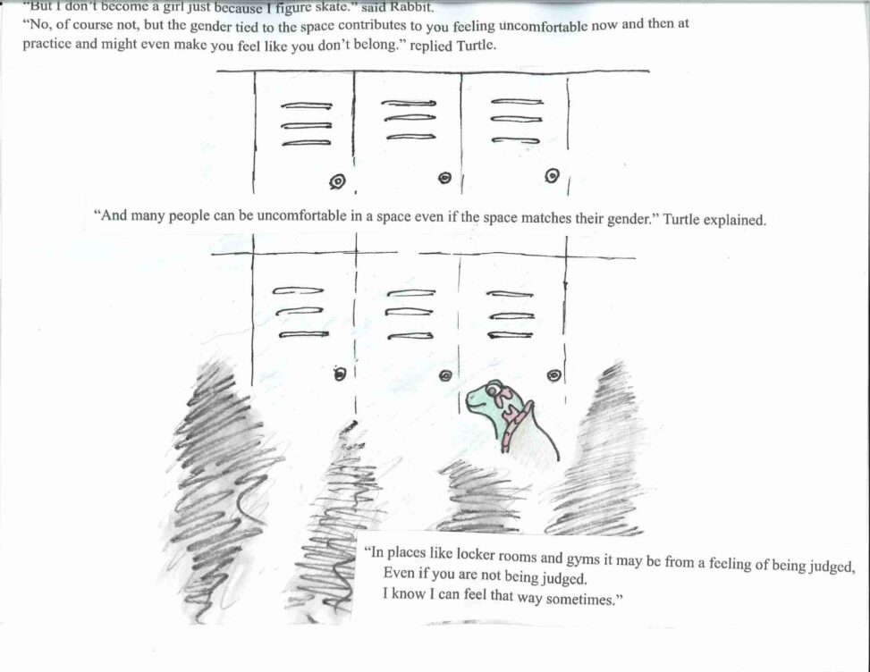 Shows the turtle in a locker room, surrounded by shadowy figures.