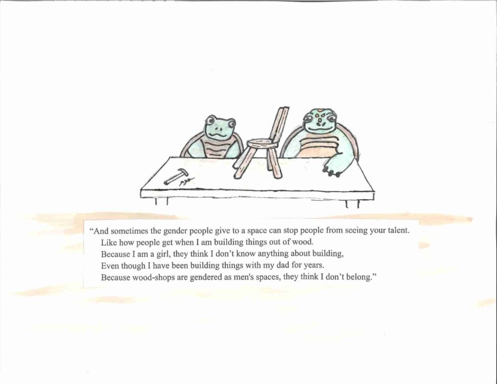 Shows the turtle and her dad joyfully working on a wooden chair.