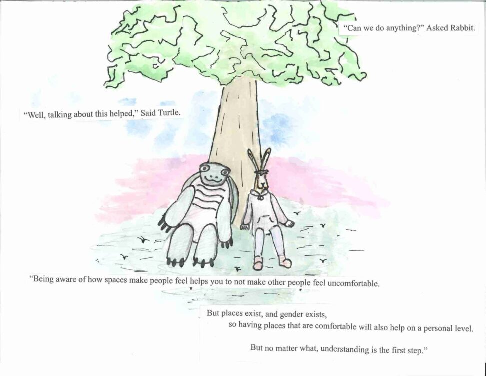 The turtle and rabbit relax underneath a tree, on a grassy hill. The sky behind them transitions from blue to pink.