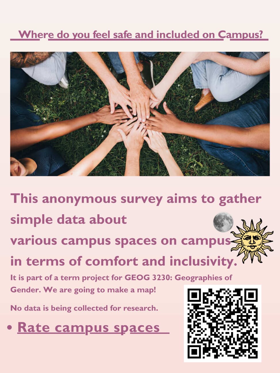 TRU campus safety survey poster with QR code, focused on identifying safe and unsafe spaces on campus.