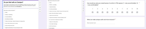 Screenshot of a survey asking TRU students about campus safety, including checkboxes for different buildings, a 1–10 comfort rating scale, and a short-answer question on how to improve safety.