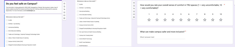 Screenshot of a survey asking TRU students about campus safety, including checkboxes for different buildings, a 1–10 comfort rating scale, and a short-answer question on how to improve safety.